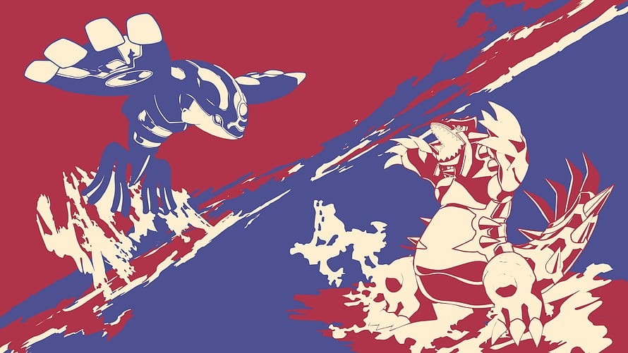 Stylized Pokemon Battle Artwork Featuring Two Creatures in Red and Blue Palette HD wallpaper