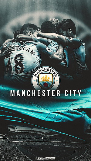 Manchester City Players Celebrating at Etihad Stadium with Team Crest and Sky Blue Kit HD phone wallpaper