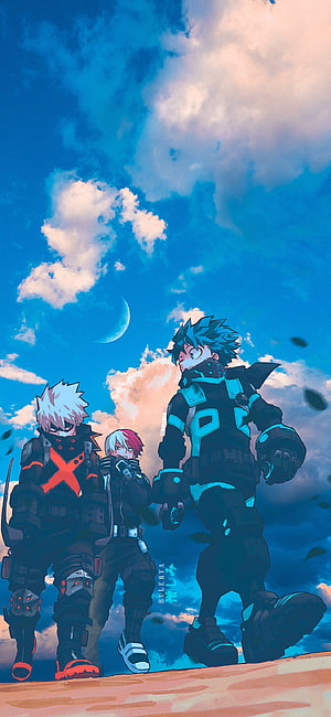 My Hero Academia: Deku, Bakugo, and Shoto in Tactical Gear Under a Dramatic Sky HD phone wallpaper