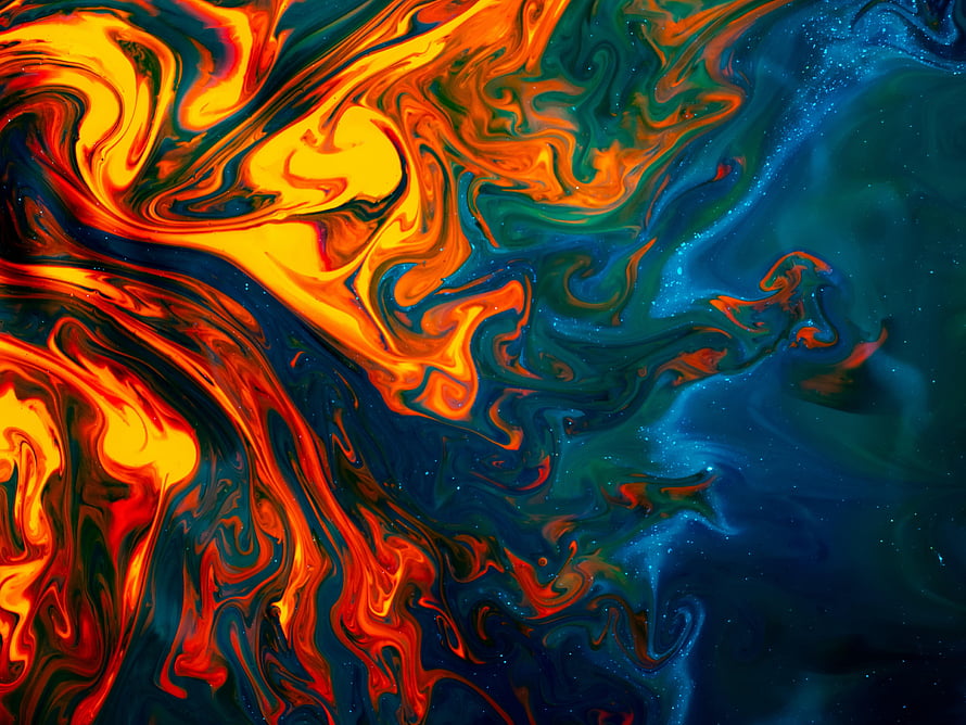 Vibrant Liquid Abstract Art with Swirling Orange and Blue Paint Patterns HD wallpaper