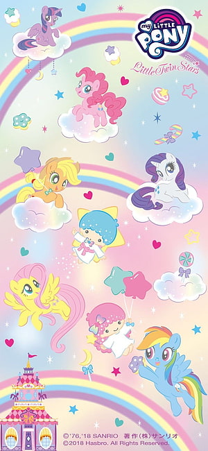 My Little Pony and Little Twin Stars pastel rainbow clouds and kawaii castle illustration HD phone wallpaper