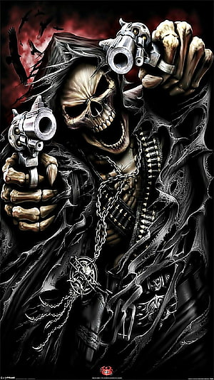 Gangster Skeleton Holding Dual Revolvers in Dark Hooded Cloak HD phone wallpaper