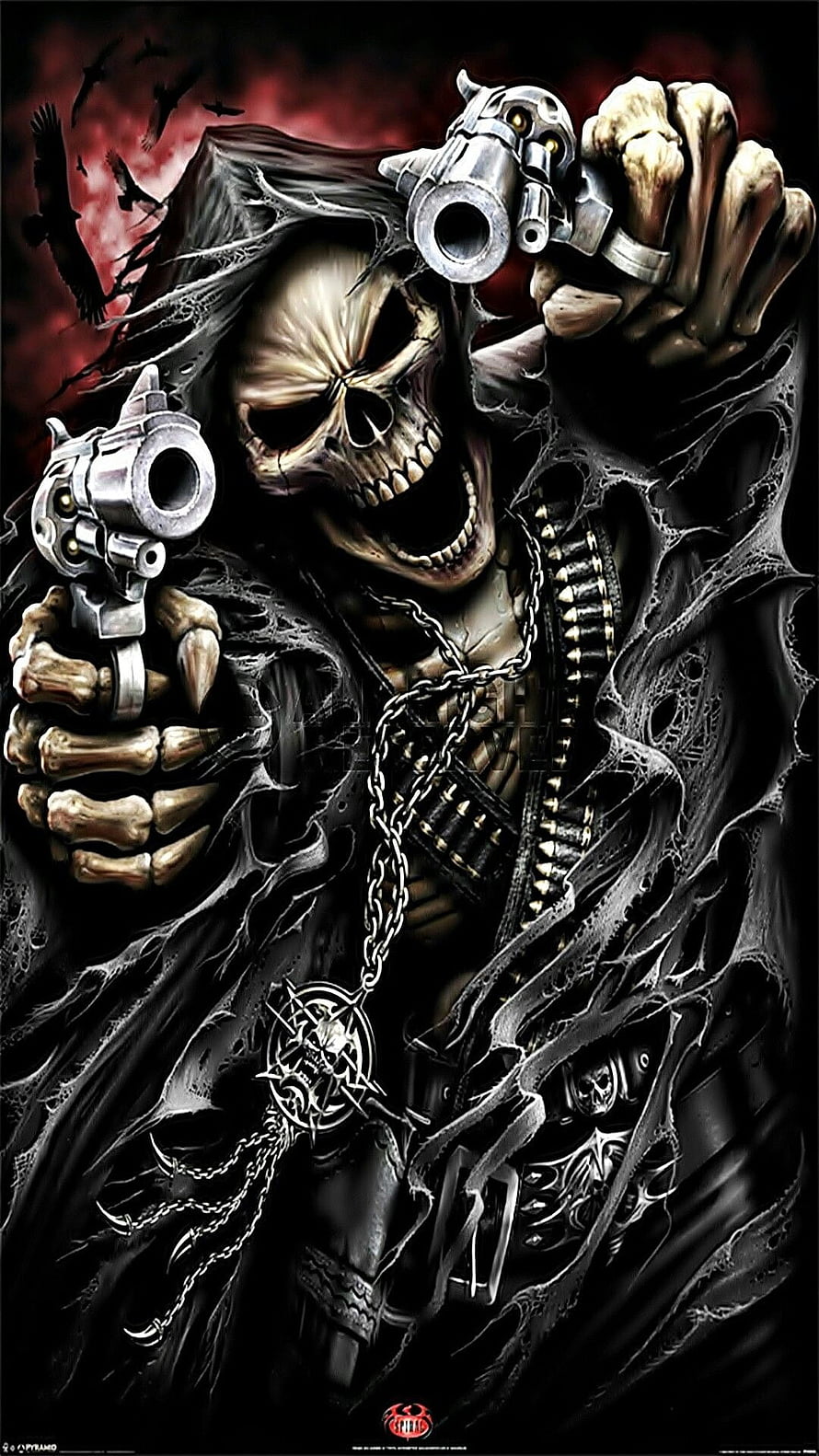 Gangster Skeleton Holding Dual Revolvers in Dark Hooded Cloak HD phone wallpaper