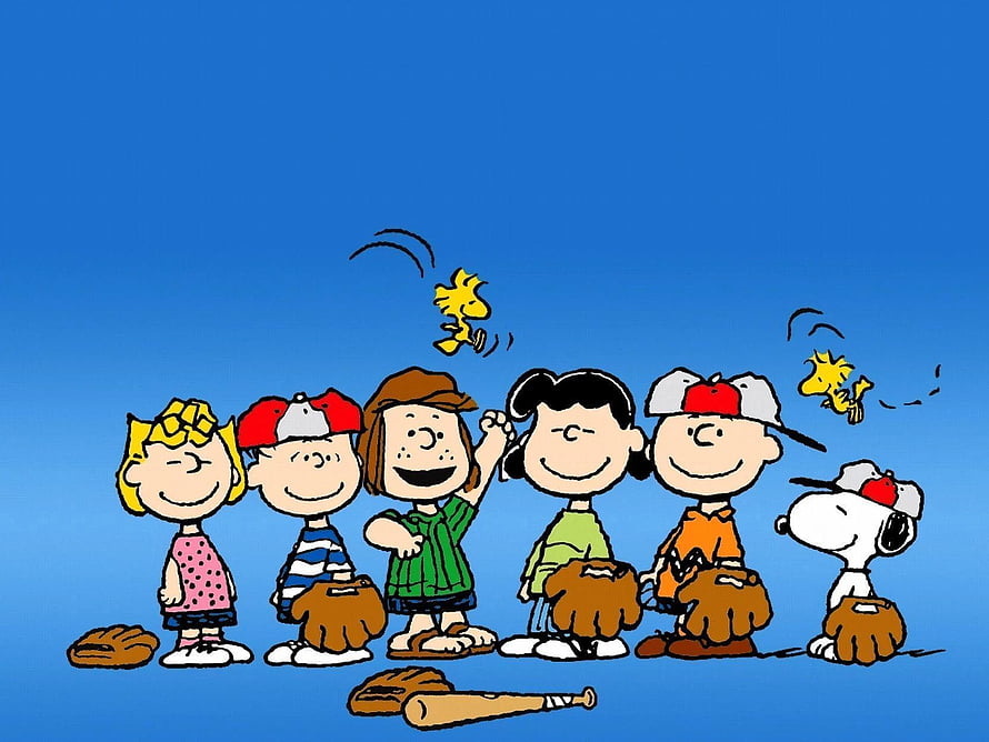 Peanuts Characters and Snoopy in Baseball Gear on Blue Background HD wallpaper