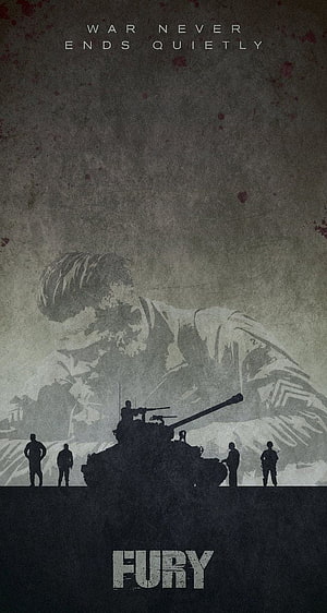 Fury Movie Poster Featuring Tank Silhouette and Soldier Crew Against Gritty War Background HD phone wallpaper