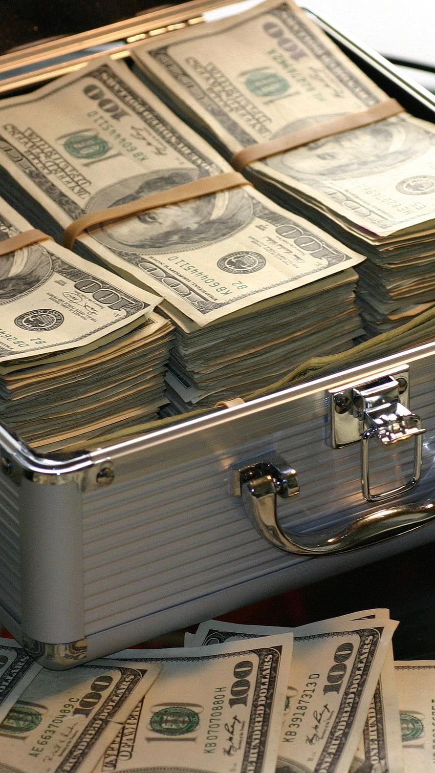 Stacks of Hundred Dollar Bills in a Silver Briefcase HD phone wallpaper
