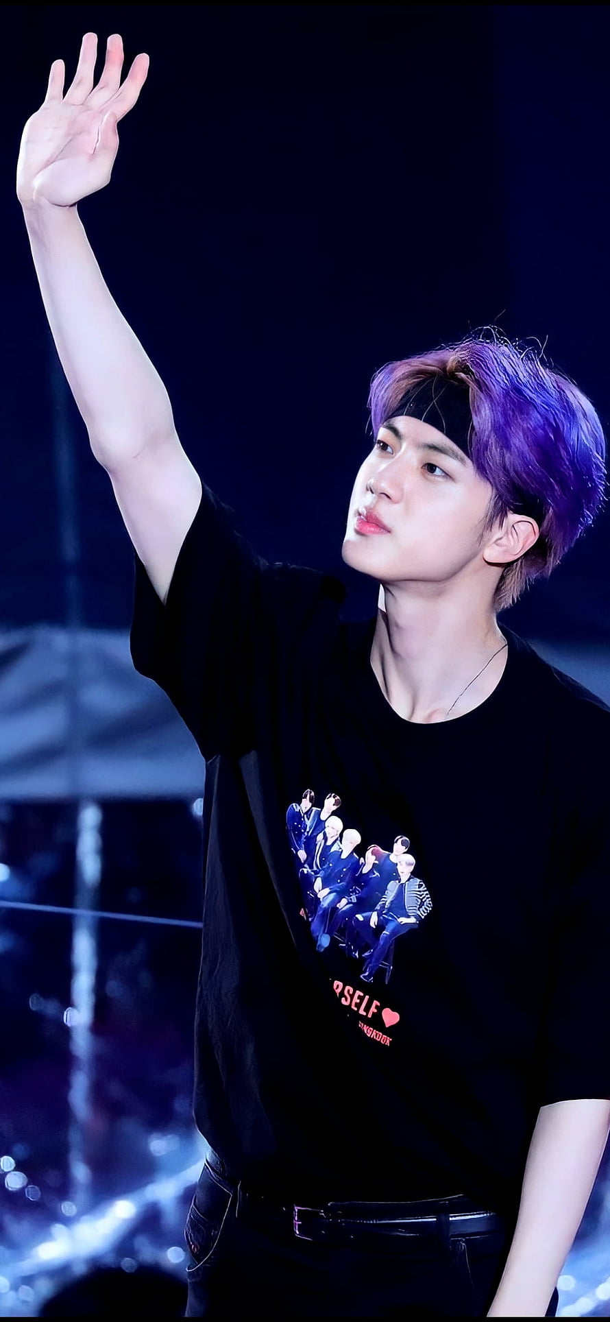 BTS Jin Waving to Fans at Concert in Purple Hair and Black T-Shirt HD phone wallpaper