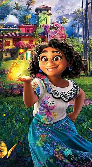 Mirabel Madrigal from Encanto Holding a Glowing Butterfly in a Vibrant Garden HD phone wallpaper