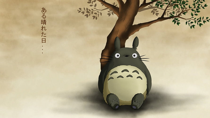 Totoro Sitting Under a Tree in a Watercolor Style with Japanese Text HD wallpaper