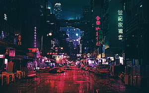 Ghost in the Shell Cyberpunk City Street with Neon Signs and Rain HD wallpaper