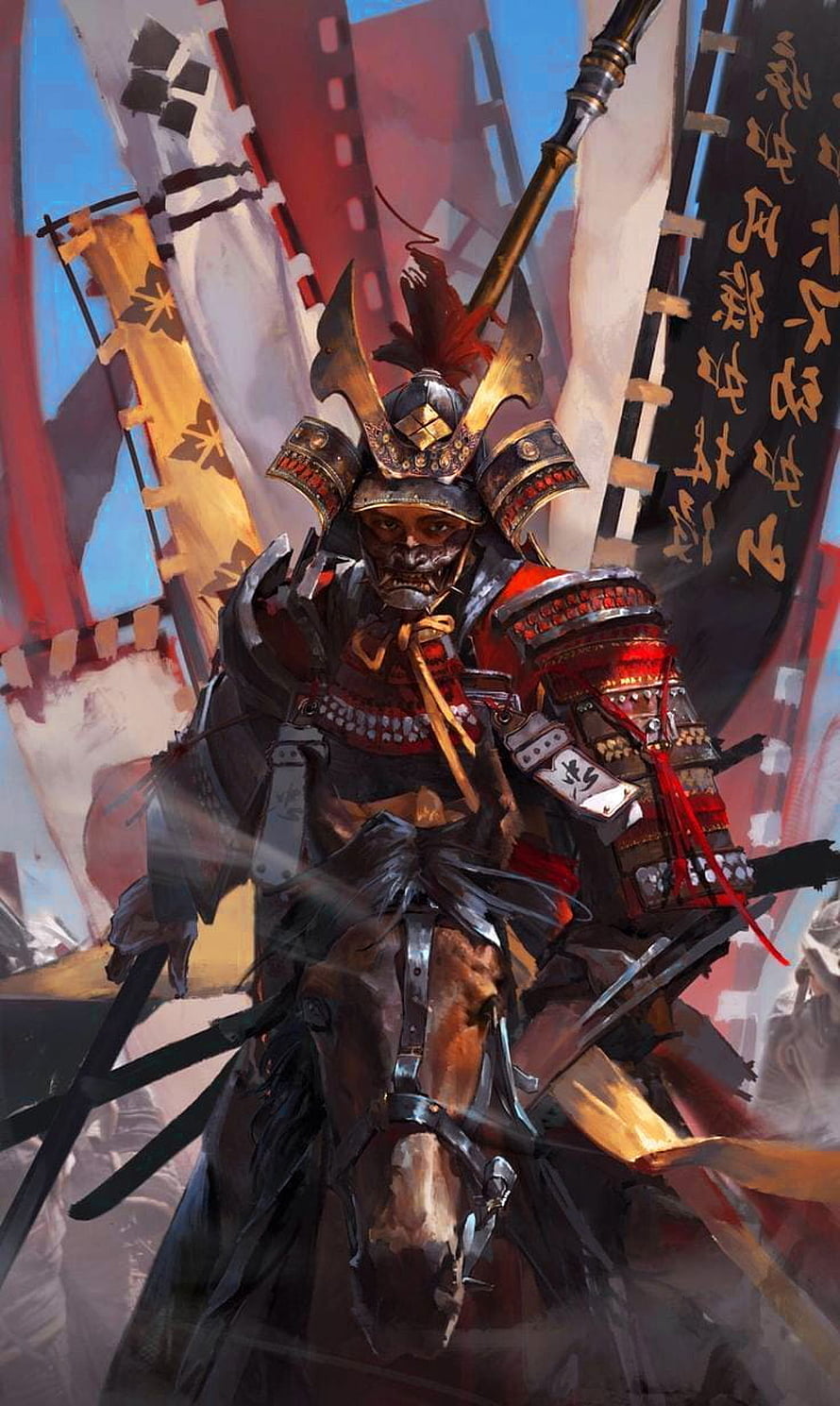 Feudal Japan Samurai Warrior on Horseback with Katana and Ornate Armor HD phone wallpaper