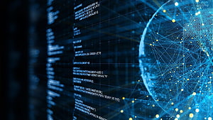 Digital Globe Network Visualization with Data Streams and Code on Dark Blue Background HD wallpaper