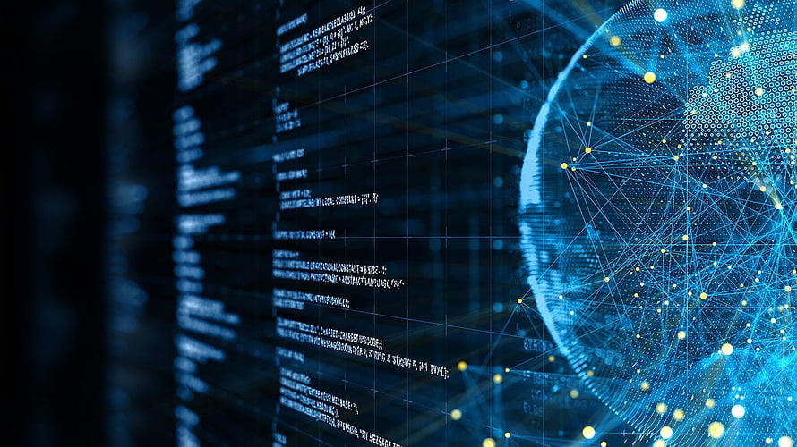 Digital Globe Network Visualization with Data Streams and Code on Dark Blue Background HD wallpaper