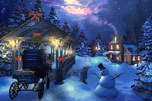Festive Snowman and Horse-Drawn Sleigh in a Snowy Village at Night HD wallpaper