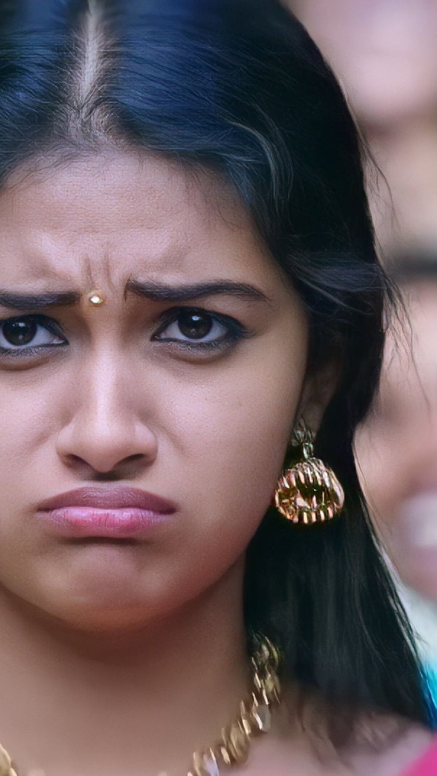 Keerthi Suresh Close-Up Portrait With Gold Earrings And Traditional Jewelry HD phone wallpaper