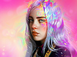 Billie Eilish Digital Portrait with Iridescent Hair and Neon Pink Background HD wallpaper