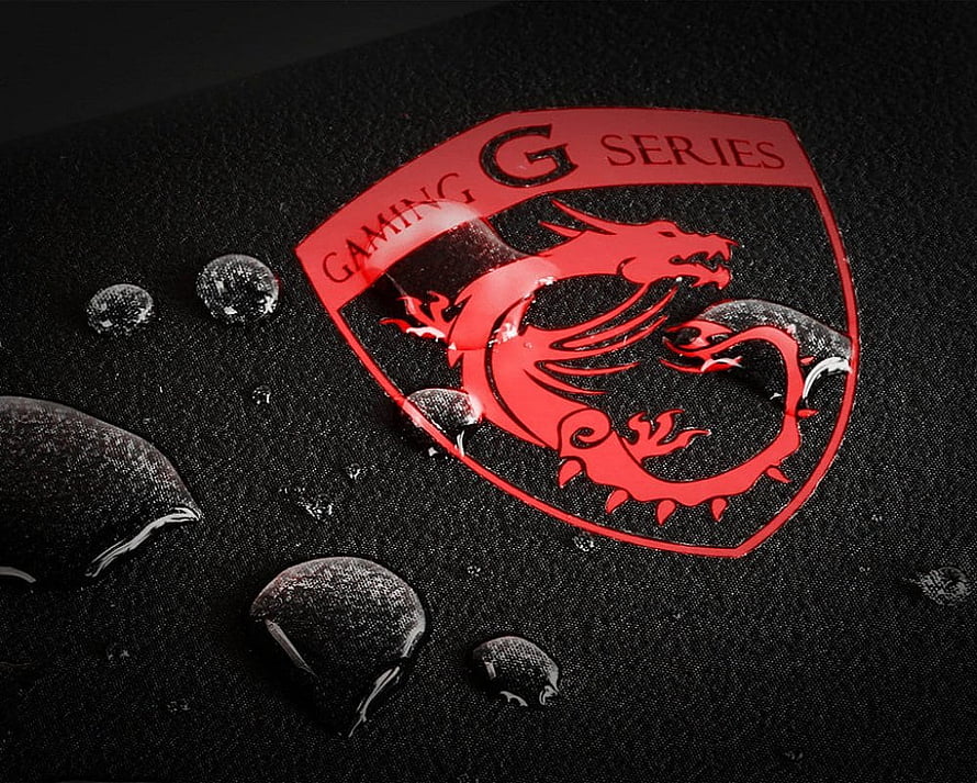 MSI Gaming G Series Dragon Logo on Black Textured Surface with Water Droplets HD wallpaper
