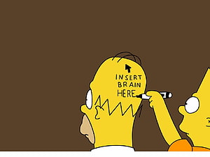 The Simpsons Comic: Homer Simpson with Insert Brain Here Label and Bart Writing on Head HD wallpaper