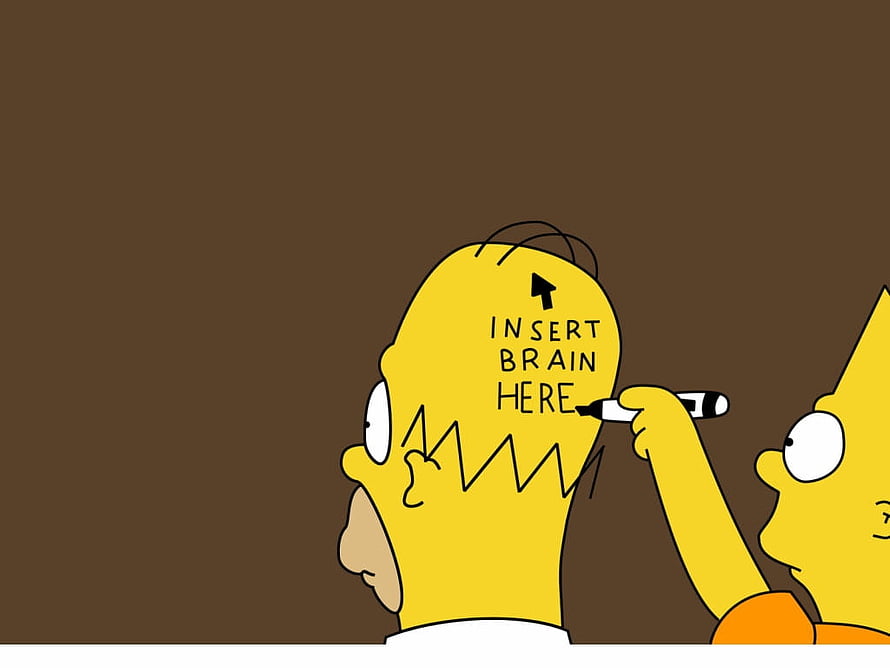 The Simpsons Comic: Homer Simpson with Insert Brain Here Label and Bart Writing on Head HD wallpaper