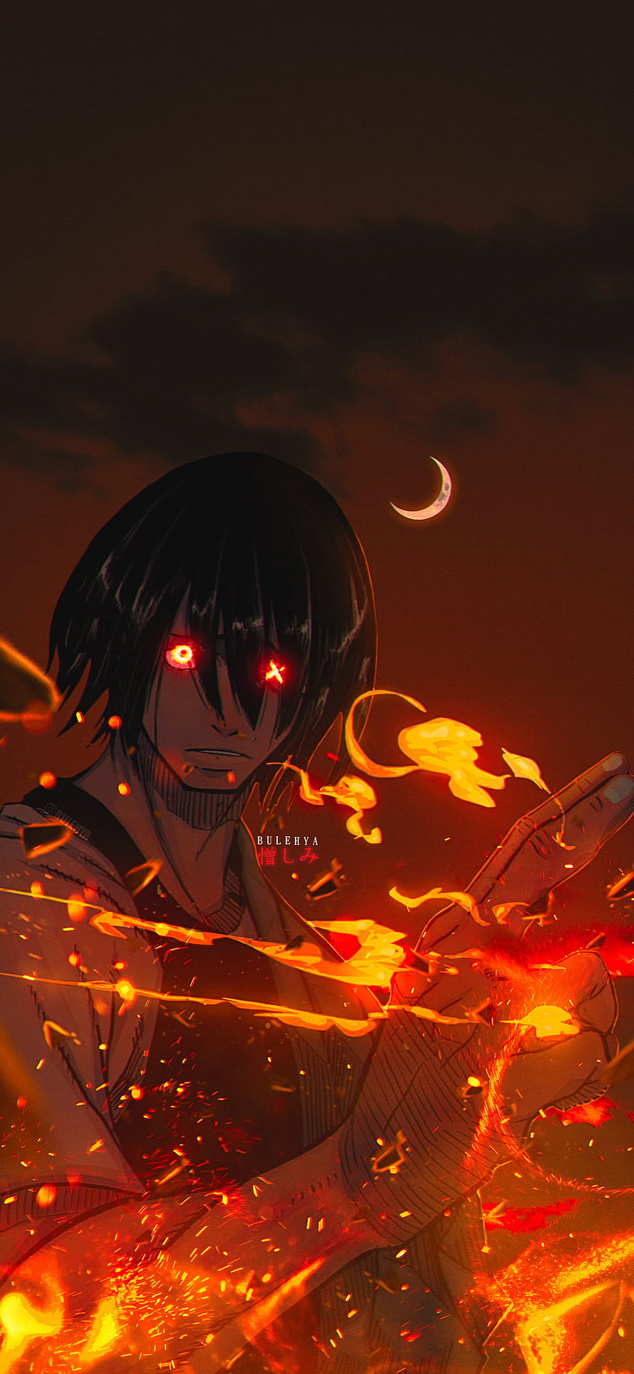 Benimaru Shinmon from Fire Force Channeling Flames Under a Crescent Moon HD phone wallpaper