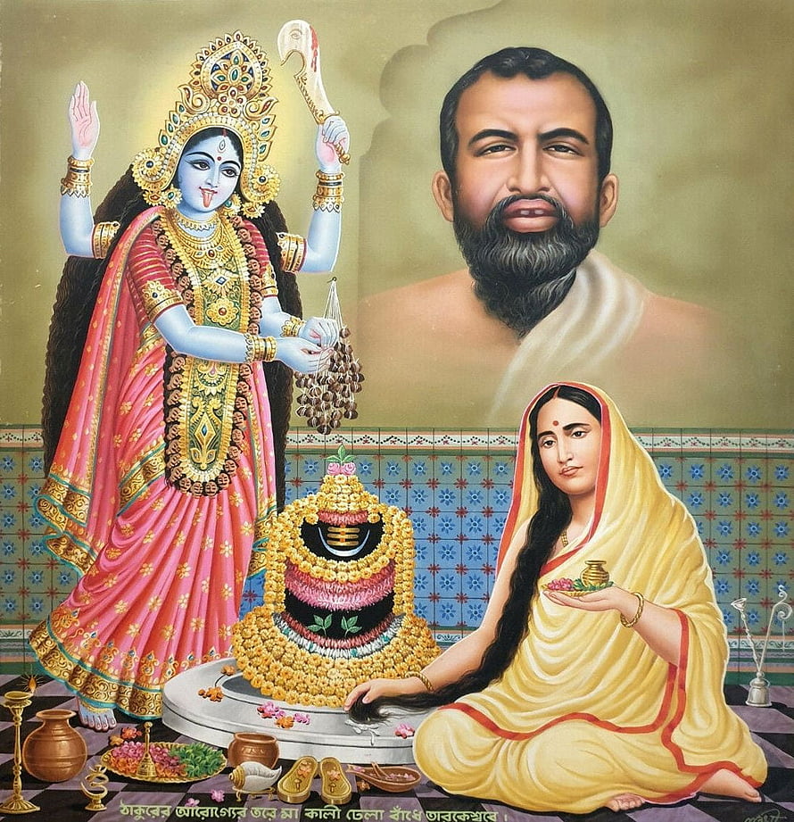 Maa Kali, Sri Ramakrishna, and Sarada Devi in Traditional Indian Devotional Painting HD phone wallpaper
