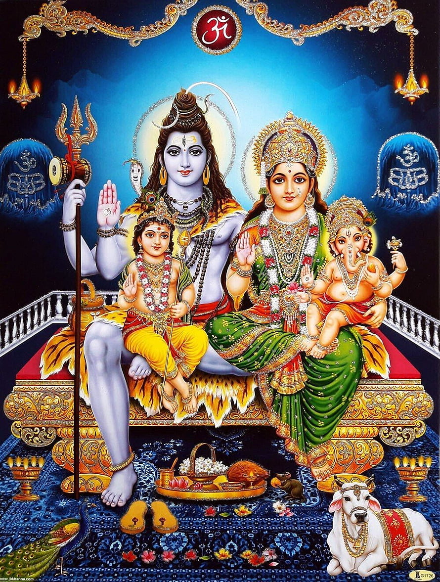 Lord Shiva and Goddess Parvati with Ganesha and Kartikeya in ornate traditional Indian devotional art HD phone wallpaper