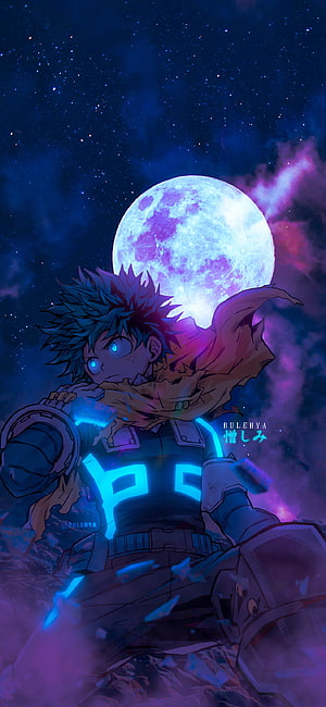 Izuku Midoriya in My Hero Academia with Glowing Eyes Under a Full Moon HD phone wallpaper