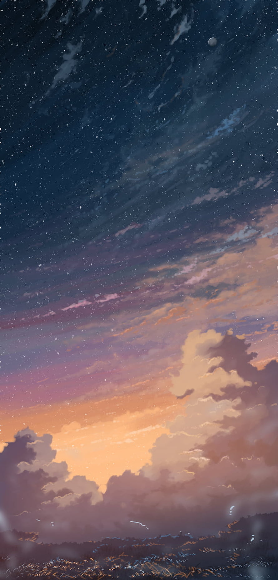 Painted Twilight Sky with Starry Night and Warm Sunset Clouds Over a Dark Horizon HD phone wallpaper