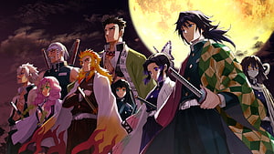 Demon Slayer Hashira Group Portrait Under a Glowing Full Moon HD wallpaper