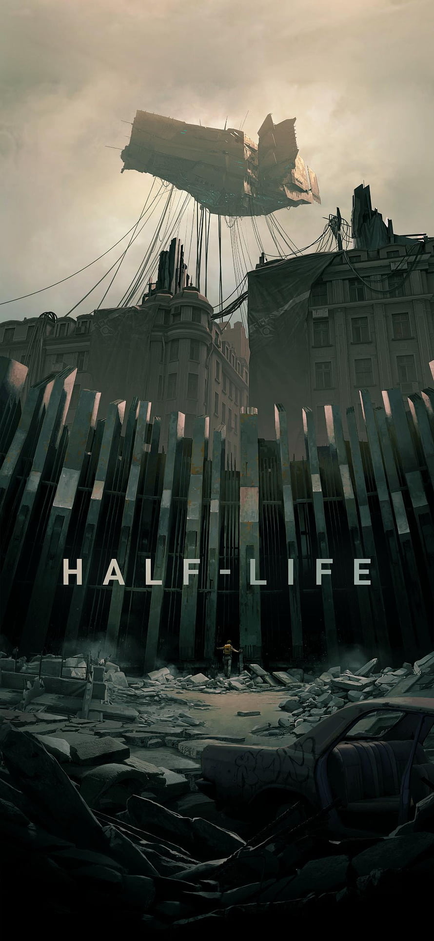 Half-Life Post-Apocalyptic Cityscape with Floating Structure and Ruined Streets HD phone wallpaper