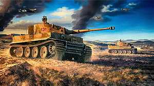 Painted WWII German Tiger Tank Column Advancing Through Arid Battlefield With Air Support HD wallpaper
