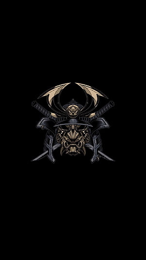 Oni Samurai Helmet with Crossed Swords and Golden Demon Mask on Black Background HD phone wallpaper