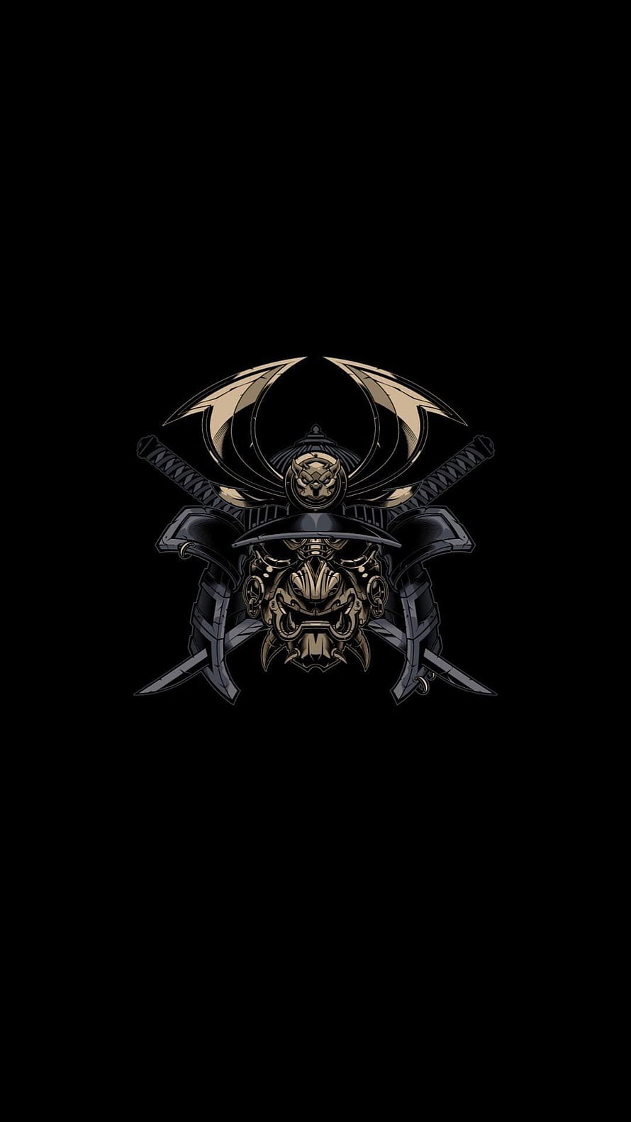 Oni Samurai Helmet with Crossed Swords and Golden Demon Mask on Black Background HD phone wallpaper