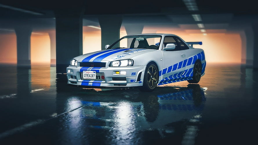 Nissan Skyline R34 GT-R Fast and Furious Livery in Dramatic Underpass Setting HD wallpaper