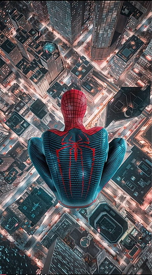 Spider-Man in Advanced Suit Hovering Above Cityscape at Dusk HD phone wallpaper