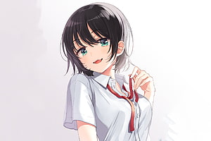 Anime Girl in White Shirt with Red Ribbon and Dark Hair HD wallpaper