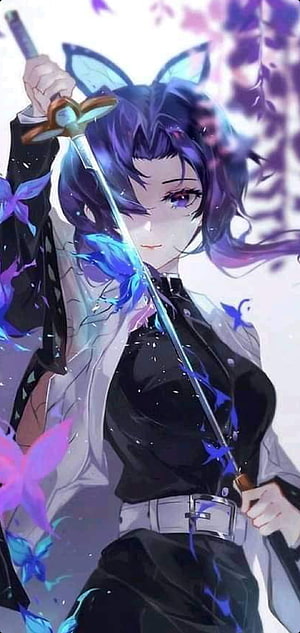 Shinobu Kocho from Demon Slayer holding a glowing sword with butterfly motifs HD phone wallpaper