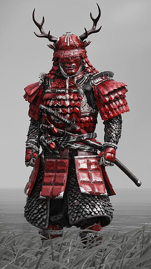Ghost of Tsushima Samurai Warrior in Red Lacquered Armor with Antler Helmet HD phone wallpaper