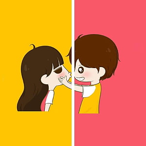 Cute Cartoon Couple Kissing Across Split Screen with Yellow and Pink Backgrounds HD phone wallpaper