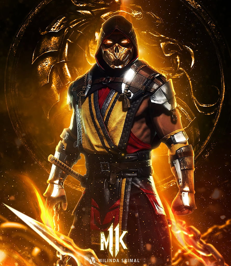 Scorpion Character Art from Mortal Kombat 11 with Golden Dragon Emblem and Fire Effects HD phone wallpaper