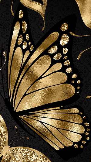 Elegant Gold Butterfly Art on Black Damask Background HD phone wallpaper
