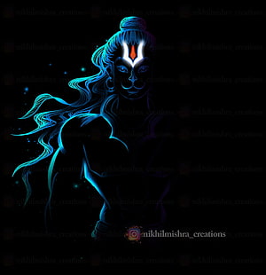 Lord Hanuman glowing neon line art with flowing hair and cosmic background, ArtStation - Lord Hanuman digital artwork, Nikhil Mishra, Lord Hanuman 3D HD phone wallpaper