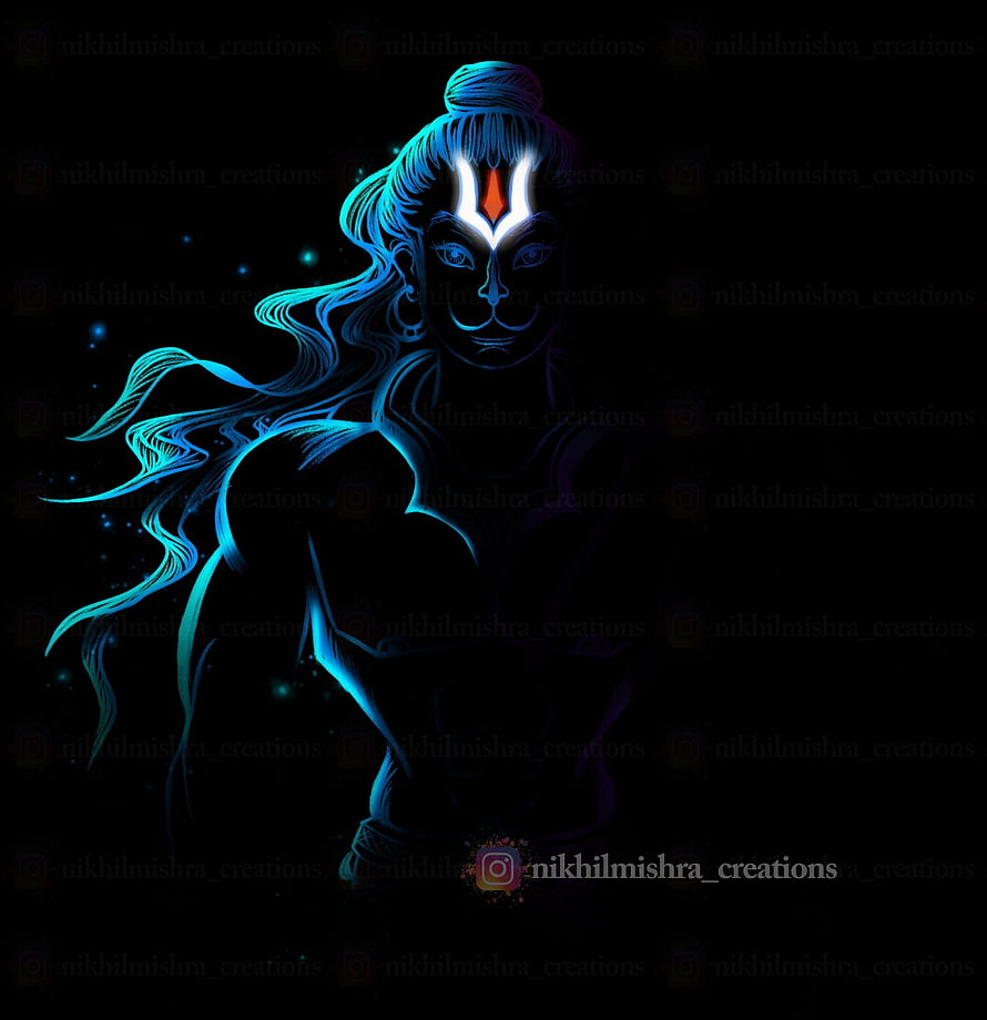 Lord Hanuman glowing neon line art with flowing hair and cosmic background, ArtStation - Lord Hanuman digital artwork, Nikhil Mishra, Lord Hanuman 3D HD phone wallpaper