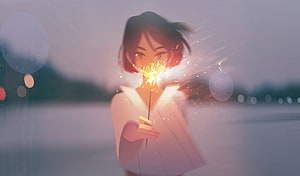 Anime Girl Holding a Sparkler by the Water at Dusk HD wallpaper