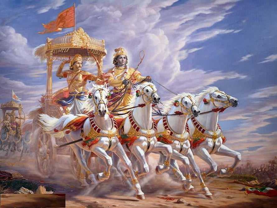Lord Krishna in a Golden Chariot Pulled by White Horses on a Battlefield HD wallpaper