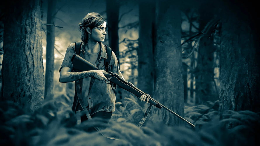 Ellie from The Last of Us Part II holding a rifle in a dark forest HD wallpaper