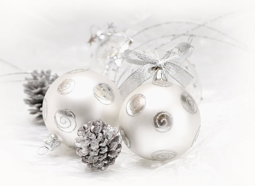 Elegant White Christmas Ornaments with Silver Swirls and Frosted Pinecones HD wallpaper