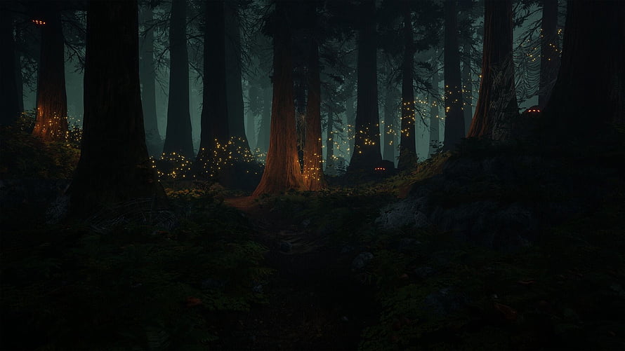 Mystical Dark Forest with Glowing Fireflies and Towering Ancient Trees HD wallpaper