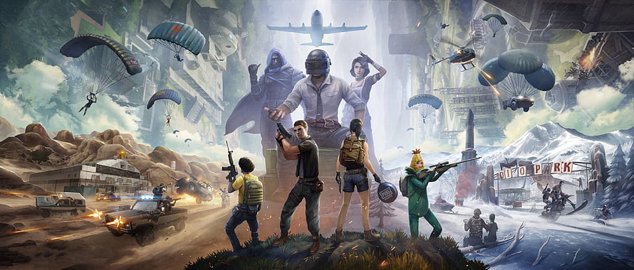 PUBG Mobile Battle Royale Concept Art Featuring Parachutes and Diverse Characters HD wallpaper