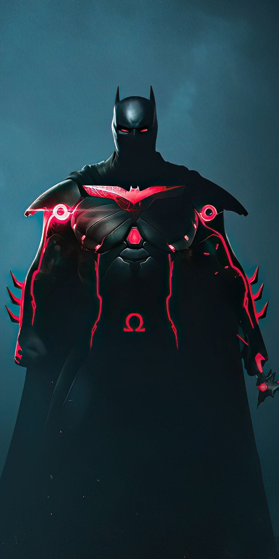 Dark Batman Concept Art with Glowing Red Armor and Omega Symbol HD phone wallpaper
